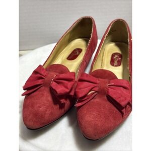 Vintage Red Shoes Suede Pointed‎ Toe Bow Ballet Flats Women's Sz 8 Leather*